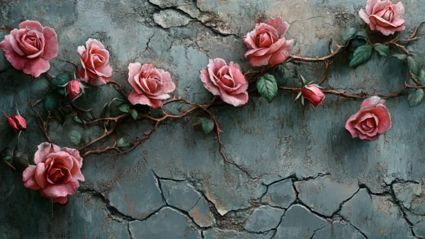 Rose garden blooming from cracks in concrete alley art.