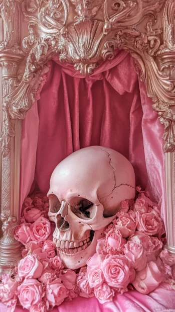 Rose painted skull sleeping inside pink velvet altar.