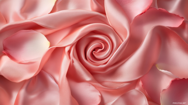 Rose petals forming a spiral in the center of a satin pink screen.