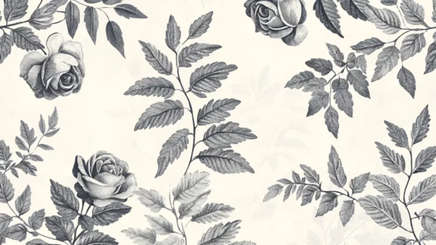 Rose vines and fern silhouettes in a classic gray on pale ivory repeat.