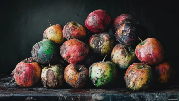 Rotten apples arranged in a minimalist composition.