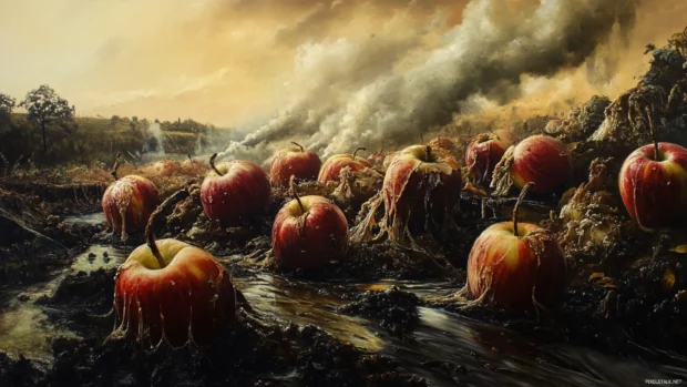 Rotten apples melting into a surreal landscape.