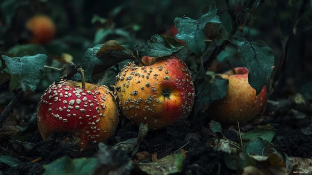 Rotten apples overgrown with tiny mushrooms.
