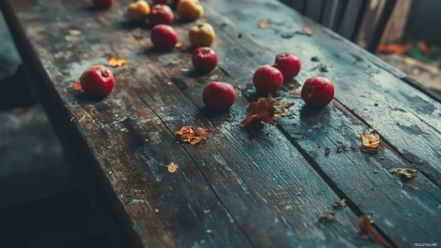 Rotten apples scattered across an ancient wooden table.