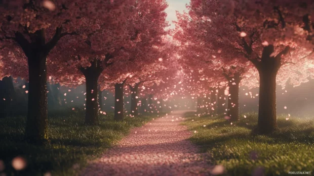 Row of cherry blossom trees in full bloom with petals falling.