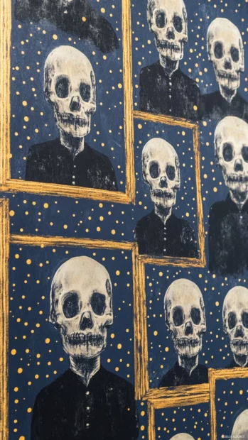 Rows of ghost portraits framed in gold on muted blue canvas with starry dots.