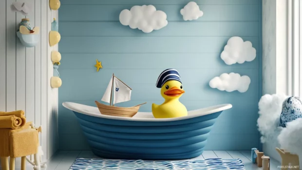 Rubber Duck wallpaper featuring a duck wearing a sailor hat on a toy boat in a blue bathtub.