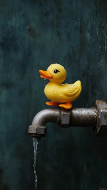 Rubber Duck wallpaper with a single duck perched on a faucet and dripping water below.