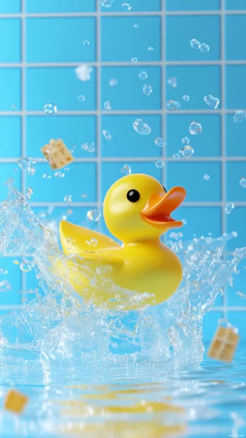 Rubber duck flies across a tiled background in a splash of animated water.
