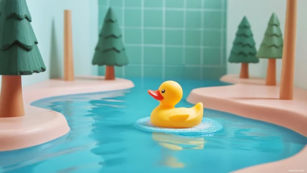 Rubber duck floats along a bath shaped like a river with little toy trees.