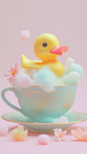 Rubber duck in a teacup filled with pastel colored foam and a floating flower.