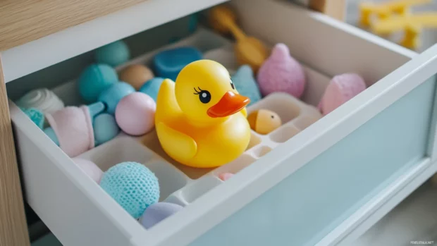 Rubber duck peers from a bathroom drawer filled with pastel toys.
