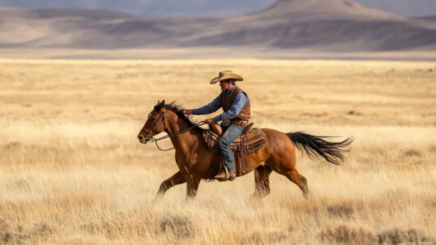Rugged cowboy riding across desert plain featured in cowboy wallpaper 4K.