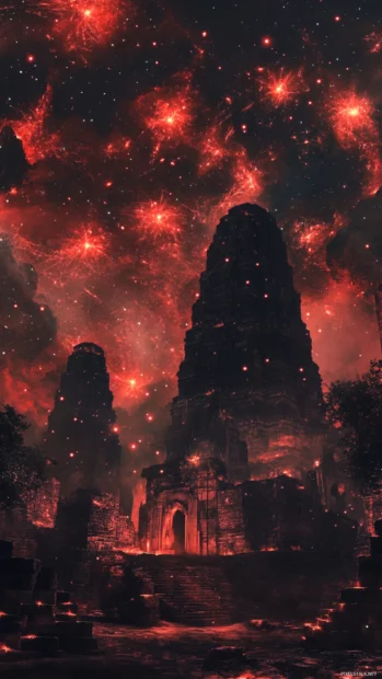 Ruined temples glowing beneath swirling red constellations.