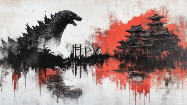Ruins reflect in the oily waters trailing behind Shin Godzillas path.