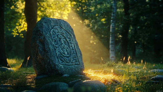 Runestone circle crackling with energy in a clearing.
