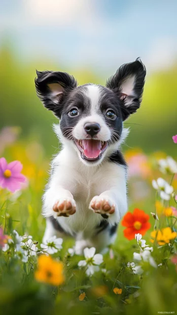 Running through a field of wildflowers, a joyful puppy brings this cute dog background wallpaper to life.
