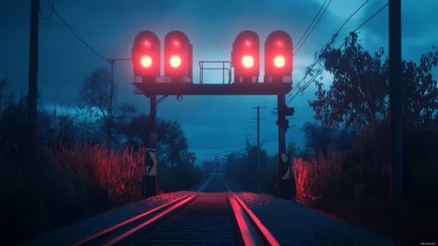 Rural anime railway crossing with blinking red lights.