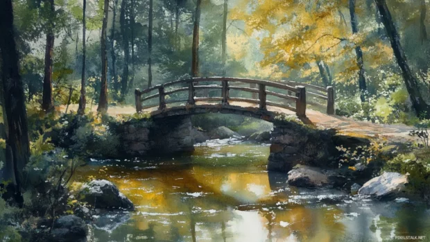 Rustic Bridge Crossing A Calm Stream In A Pastel Watercolor Forest.