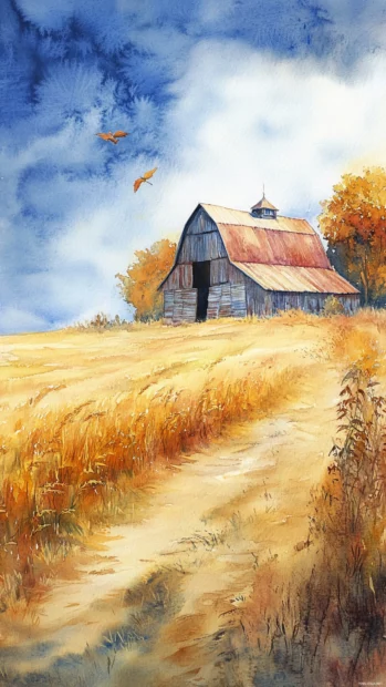 Rustic Watercolor Barn Sitting In A Golden Autumn Field.