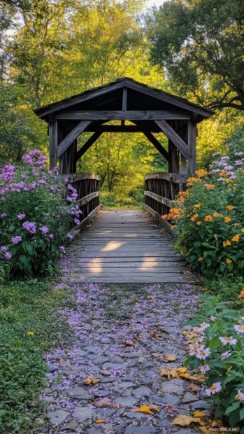 Rustic bridge covered in blooming Pretty Flower.
