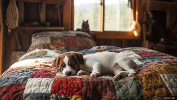 Rustic cabin bedroom with a puppy burrowed into a patchwork quilt.