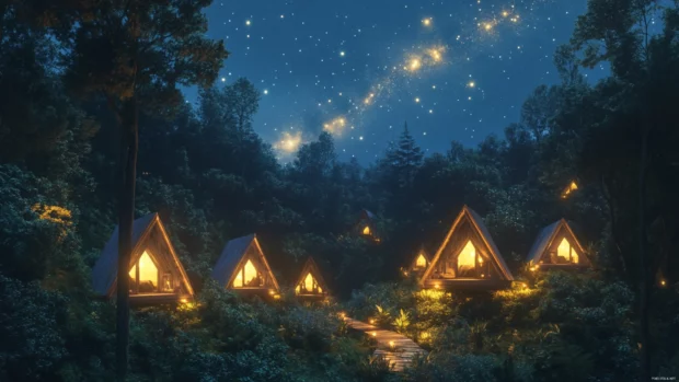 Rustic cabins glowing under golden constellations.