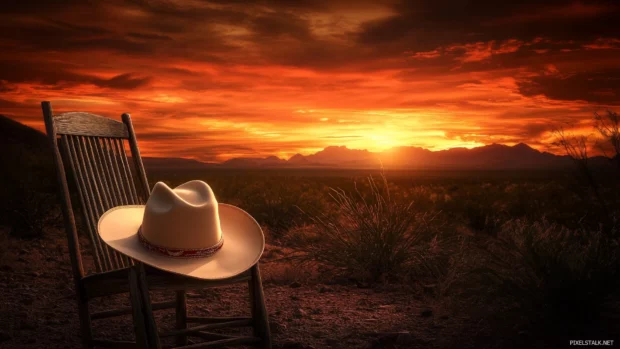 Rustic chair with cowboy hat, sunset over western landscape, distant mountains and orange fading sky.