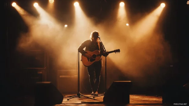 Rustic country music setup wallpaper, Stage lights shining on a lone country guitarist.