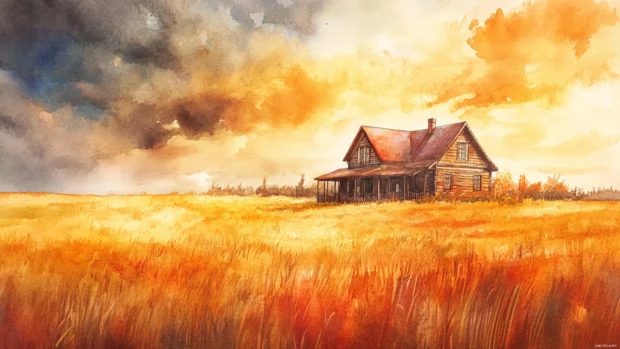 Rustic farmhouse surrounded by golden fields during sunset in watercolor.