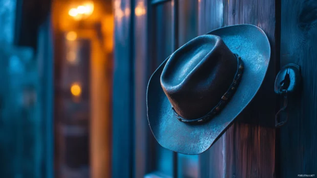 Rustic hook holding cowboy hat by saloon door, warm evening light spilling in.
