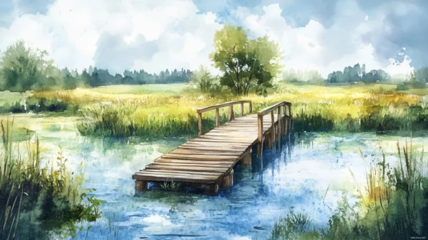 Rustic wooden bridge crossing a watercolor river surrounded by meadows.