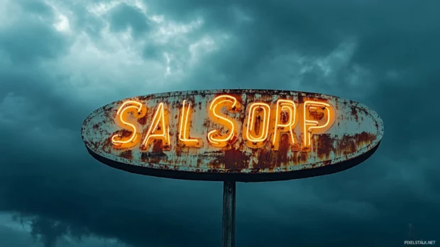 Rusty neon surf shop sign glowing under storm clouds.