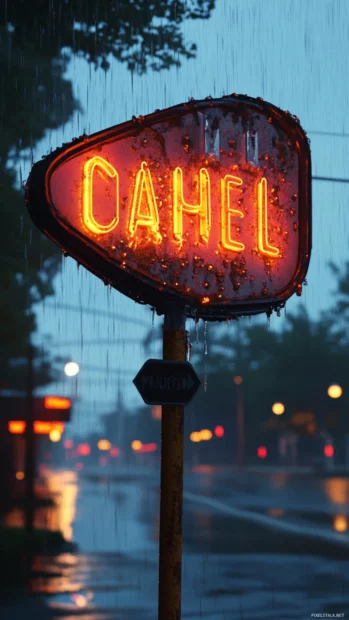 Rusty old neon diner sign shining in rain featured in Neon motel sign aesthetic.