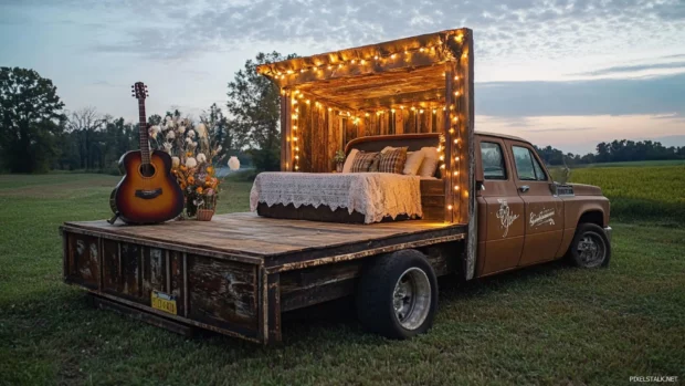 Rusty truck bed turned into a country music jam stage.