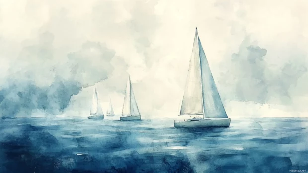 Sailboats drifting peacefully across a soft watercolor ocean.