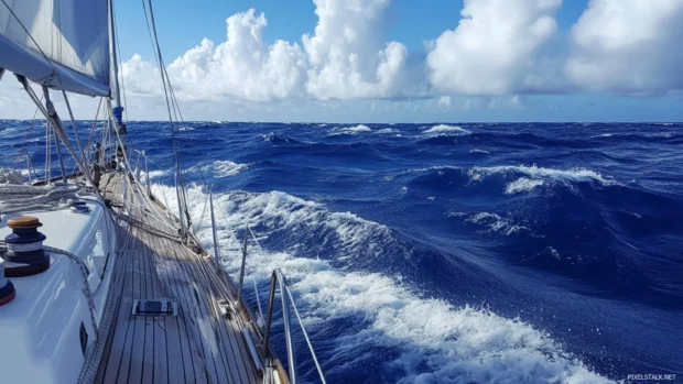 Sailing across deep blue Pretty Ocean waters.