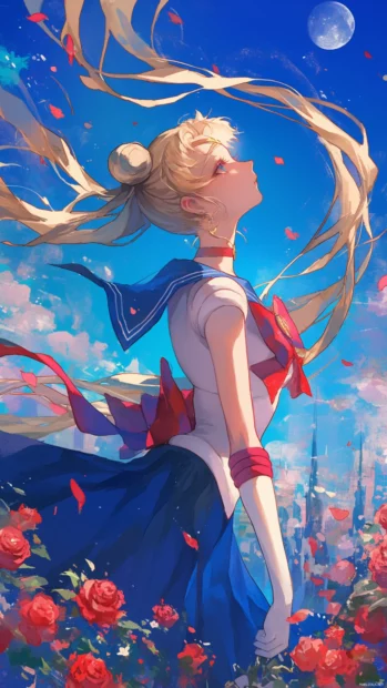 Sailor Moon gazing at the moon while roses swirl in the wind.