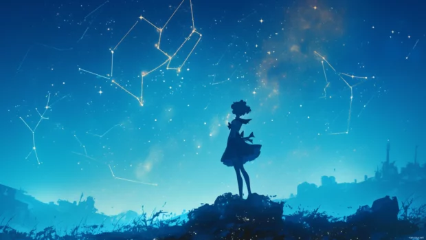 Sailor Moon looking up at constellations forming in the stars.
