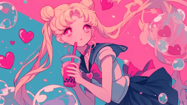 Sailor Moon sipping boba tea surrounded by floating hearts.