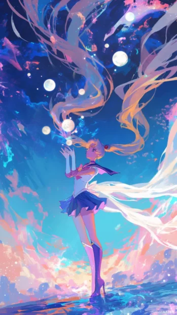 Sailor Moon transforming under a magical sky of glitter and moons.