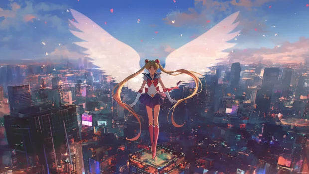 Sailor Moon with holographic wings rising above Tokyo.