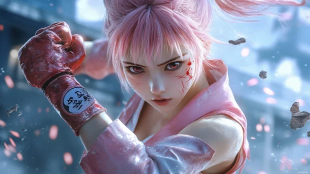 Sakura mid punch with a cracked ground effect.