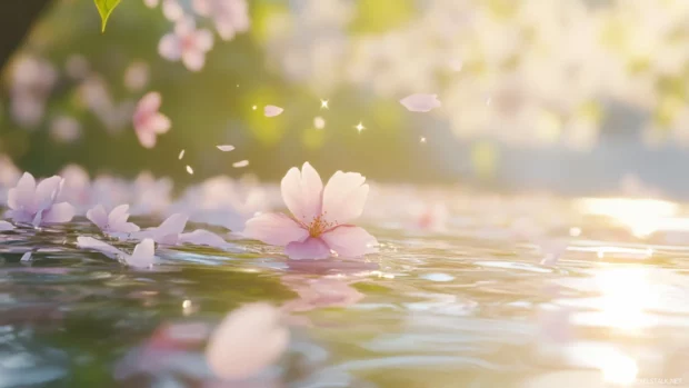 Sakura petals floating through pretty riverside.