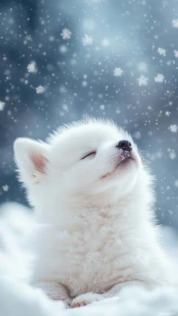 Samoyed puppy in the snow, featured in winter puppy backgrounds for mobile users.