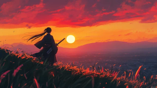 Samurai anime girl facing the sunset on top of a hill.