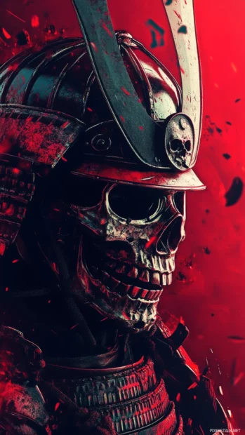 Samurai cool skull wallpaper with broken helmet and crimson tags.