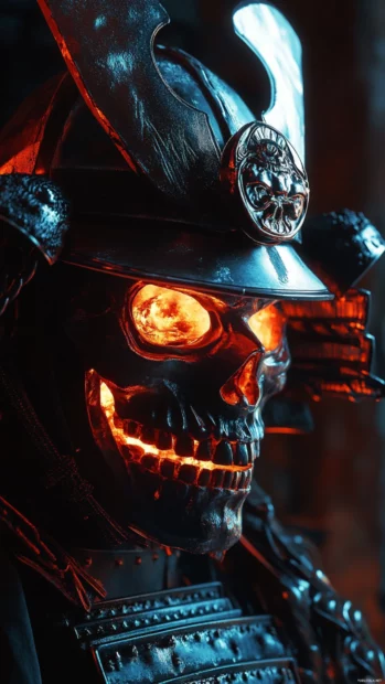 Samurai helmet cracked open revealing glowing skull beneath.