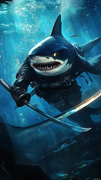Samurai shark wielding glowing katana underwater.