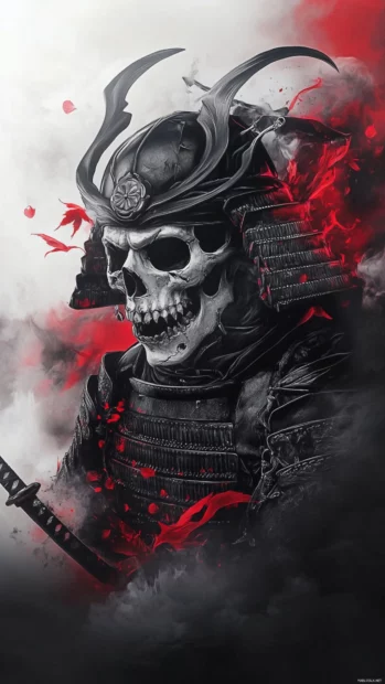 Samurai skull iPhone wallpapers with broken armor and smoke trails.